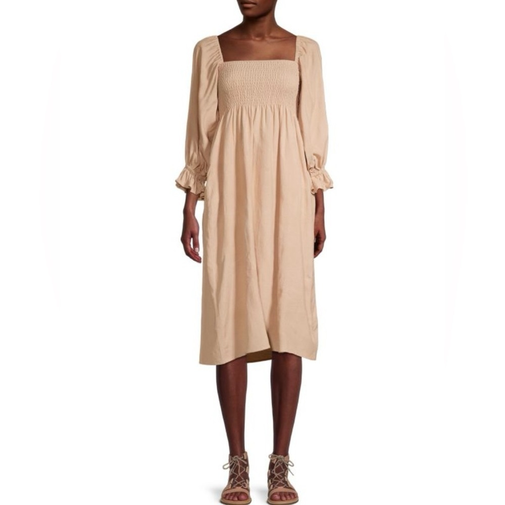 Caara Womens Athena Smocked Dress Sz Large Tan 3/4 Sleeve Viscose Flax Blend
